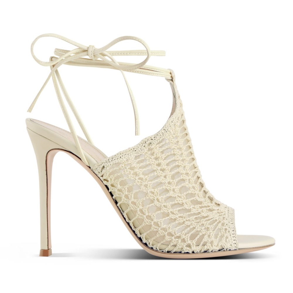 Gianvito Rossi Bardot crochet tie ankle, size 39.5, 105mm, color tan